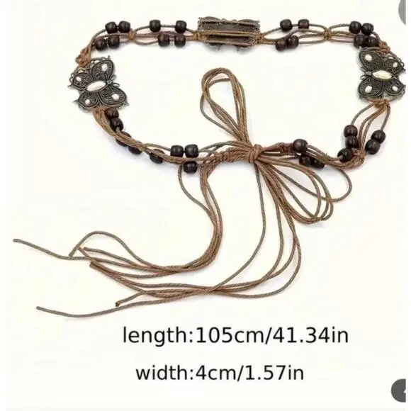 Boho Woven Adjustable Rope Belt With Yellow Butterfly Design - Picture 4 of 5